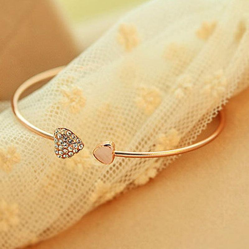 Adjustable Crystal Double Heart Bow Cuff Opening Bracelet for Jewellery Gift | Silver or Gold